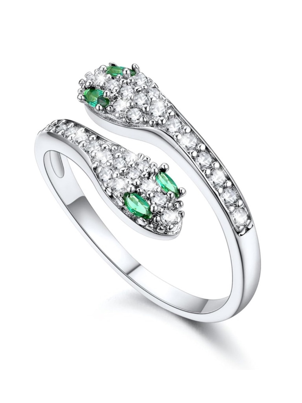 Double Snake Head Ring Cubic Zirconia Emerald Adjustable Platinum Plated